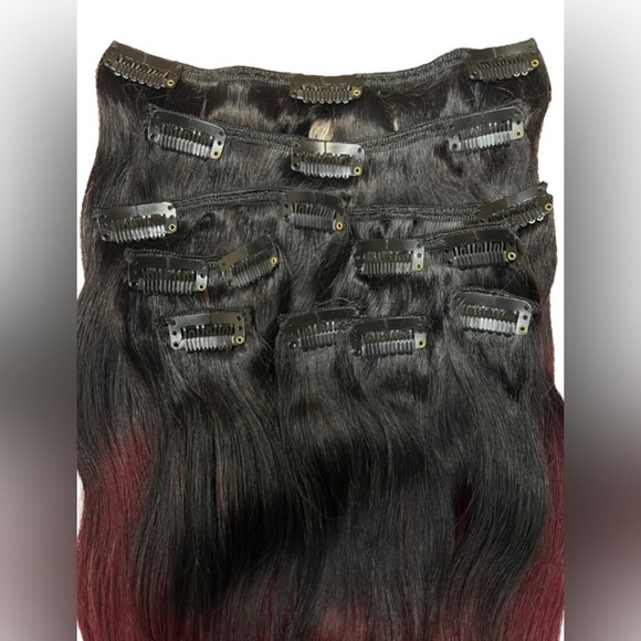 12 Inch Balayage Black & Burgundy Red 100% Human hair Clip in Extensions - Picture 6 of 6